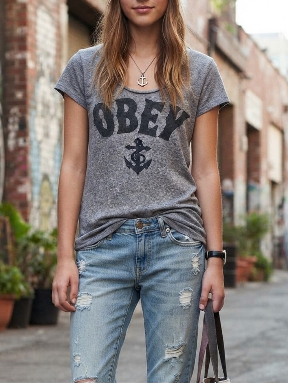 Obey Women's Heather Gray Scoop Neck Tee with Black Logo